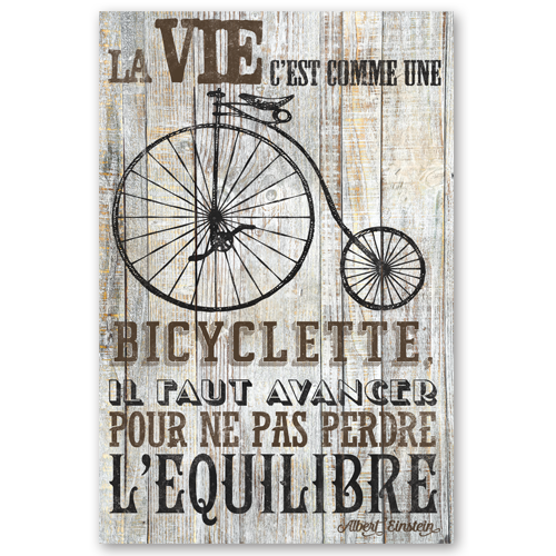 Tableau citation la vie est une bicylette bleue taupe Dimensions : 40 x 40  cm Supports : Autocollant (sans châssis bois)